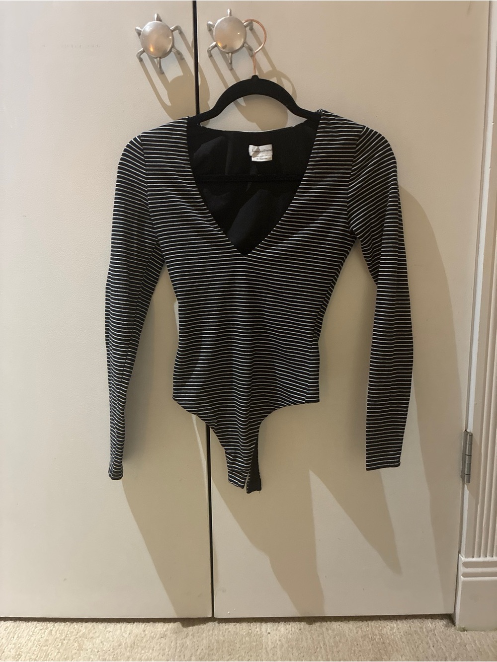 Lovers + Friends Black & White Striped V-Neck Long Sleeve Bodysuit